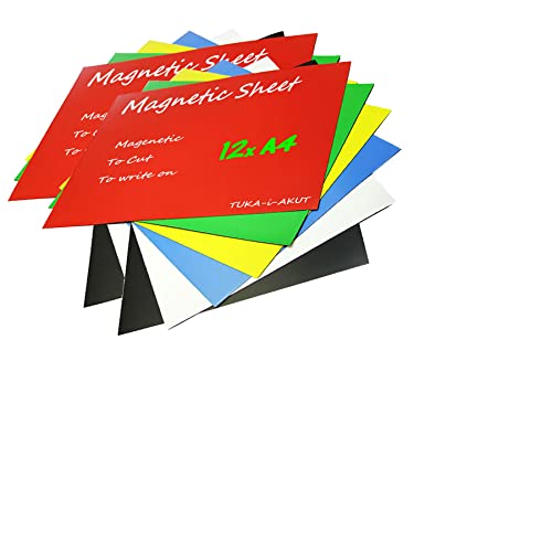 TUKA-i-AKUT 12x A4 Magnetfolie zum Beschriften und Zuschneiden, Flexibel Magnet Tafelfolie Magnetplättchen, Werbelehrmagnet Magnetische Etikett Plakat, 12er Set in 6 Farbe, TKD9040-bunt-A4-12x von TUKA-i-AKUT