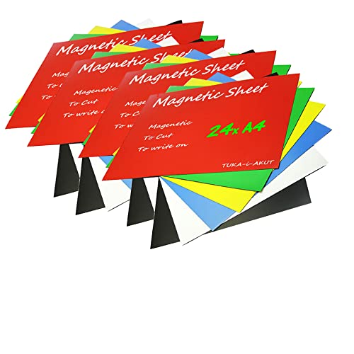 TUKA-i-AKUT 24x A4 Magnetfolie zum Beschriften und Zuschneiden, Flexibel Magnet Tafelfolie Magnetplättchen, Werbelehrmagnet Magnetische Etikett Plakat, 24er Set in 6 Farbe, TKD9040-bunt-A4-24x von TUKA-i-AKUT
