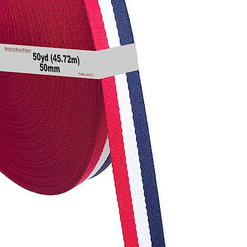 46 Meter x 50mm Polyester - 1,3mm Stark - Mehrfarbiges Gurtband aus Polyester - 46 Meter (50YD) Länge und 50 mm Breite, Rot/Weiß/Blau, TKB5074 redwhiteblue von TUKA-i-AKUT