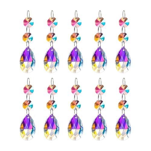 TUKEVA 10 Stücke Glaskristalle Kristall Kronleuchter Anhänger Tropfenanhänger Glas Vorhang Lampe Geeignet für Kristallbeleuchtungszubehör, Kristallperlenvorhänge, Kerzenhalteranhänger (Bunt) von TUKEVA