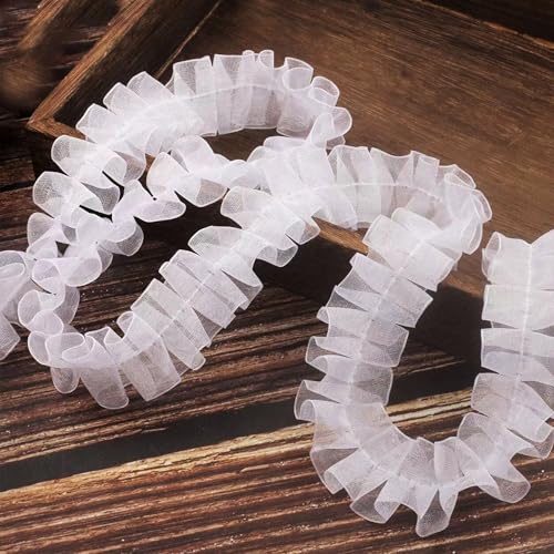 TUKEVA Spitzenband Gerafftes 13 m langes 2,5 cm Breite Spitzenborte Plissierter Plissee Organza Spitzenband Elastizität Plissierte Spitze für DIY Nähen Handwerk Hochzeit Deko Scrapbooking (Weiße) von TUKEVA