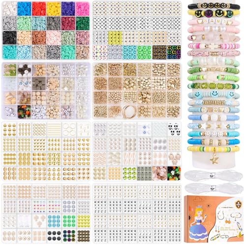 TULADUO 8045 Stück Polymer Clay Perlen Set, 24 Farben 6mm Heishi mit Smiley Face Beads und Letter, mit 1545 Pcs Anhänger Charms Kit von TULADUO