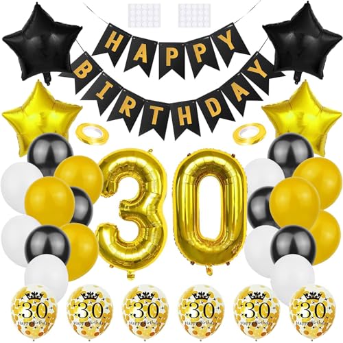 30 Geburtstag Frauen Männer,Geburtstagsdeko,Schwarz Gold Deko,Happy Birthday Geburtstagdeko mit Jubel Banner,Nummer 30 Folienballons,Schwarz Gold Luftballons,30 jahre Geburtstag Deko Ballon von TULEBOLIAN