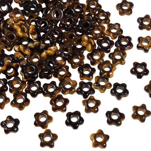 TUMBEELLUWA 10 Stück natürliche Kristallperlen in Blumenform für Schmuckherstellung, 5 mm, Tigeraugenstein, braune große Lochperlen für Bastelarbeiten, Makramee-Haarzöpfe von TUMBEELLUWA