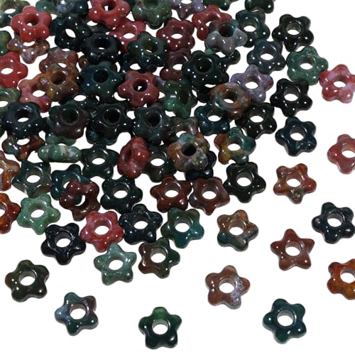 TUMBEELLUWA 10 Stück natürliche Kristallperlen in Blumenform für Schmuckherstellung, 5 mm, indischer Achat, bunte Perlen mit großem Loch, zum Basteln, Makramee-Haarzöpfe von TUMBEELLUWA
