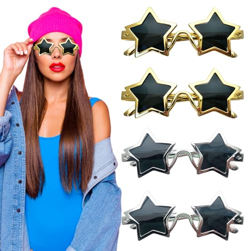 TUONYIS 4 Stücke Sternförmige Sonnenbrille, 80er Jahre Pentagramm Sternbrille, Lustige Neuartige Sternförmige Brille, Partybrille für Kinder und Erwachsene, Fotoautomaten Requisiten (Gold, Silber) TUONYIS 4 Stücke Sternförmige Sonnenbrille, 80er Jahre Pentagramm Sternbrille, Lustige Neuartige Sternförmige Brille, Partybrille für Kinder und Erwachsene, Fotoautomaten Requisiten (Gold, Silber) von TUONYIS