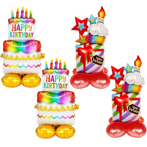 TUONYIS 4Pcs Geburtstag Luftballons, Aufblasbare Kuchen & Geschenk Ballon, Luftballons Geburtstagsdeko Bunt, Ballon Party Zubehör (Bunt) von TUONYIS