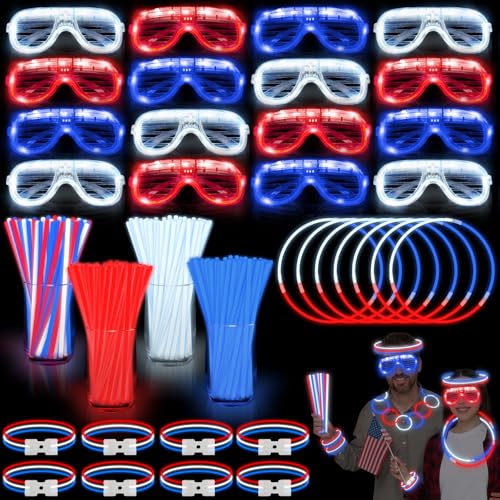 TURNMEON 248 Stück 4. Juli beleuchtete Partygeschenke, 24 rot-weiß-blaue Gläser, 200 patriotische Leuchtstäbe, Großpackung mit Steckern, leuchtet im Dunkeln, Partyzubehör TURNMEON 248 Stück 4. Juli beleuchtete Partygeschenke, 24 rot-weiß-blaue Gläser, 200 patriotische Leuchtstäbe, Großpackung mit Steckern, leuchtet im Dunkeln, Partyzubehör von TURNMEON