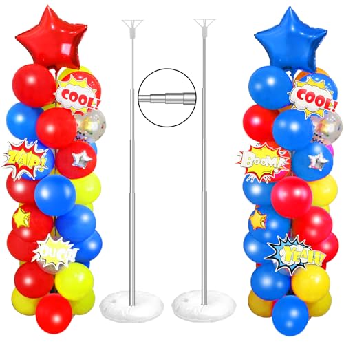 Ballon-Dekorationen mit Helden-Thema, verstellbar, rot, gelb, blau, Ballonsäulenständer-Set mit 6 Jumbo-Symbol-Karten für Superhelden-Thema und Geburtstag, Babyparty, Party-Türzubehör, 2 Stück Ballon-Dekorationen mit Helden-Thema, verstellbar, rot, gelb, blau, Ballonsäulenständer-Set mit 6 Jumbo-Symbol-Karten für Superhelden-Thema und Geburtstag, Babyparty, Party-Türzubehör, 2 Stück von TUSAUW