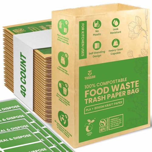 Küchenabfallbeutel - 40 Beutel - 100% kompostierbares Papier - auslaufsicherer Liner - Absolut plastikfrei & umweltfreundlich - Zertifiziert von BNQ & BPI - 40 braune kompostierbare Papierbeutel (40) von TUSGOR