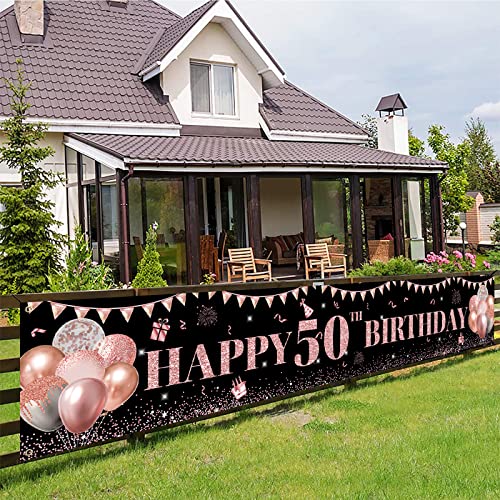 50 Geburtstag Deko Schwarz Roségold, 50 Geburtstag Frau Deko, 50 Geburtstag Deko Banner Hintergrund, Groß 50 Geburtstag Frauen Deko Stoff Schild Poster Banner für 50. Geburtstagsfeier Deko, 300×50cm von TUTUXMA