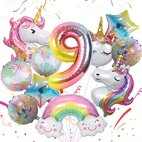 Luftballon Einhorn für Mädchen 9. Geburtstag Dekoration Folie Runde Einhorn Luftballon Regenbogen Sterne und Zahl 9 Folienballon für Geburtstagsdeko Mädchen 9 Jahr Einhorn Thema Partydekorationen von TUTUXMA