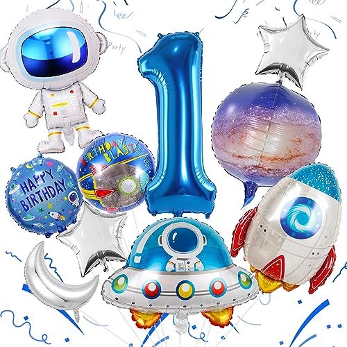Luftballon Weltraum für Junge 1. Geburtstag Dekoration Folie Runde Weltraum Luftballon Astronaut Rakete Folienballon mit Silber Sterne Mond und Zahl 1 Folienballon für Weltraum Kindergeburtstag Deko von TUTUXMA
