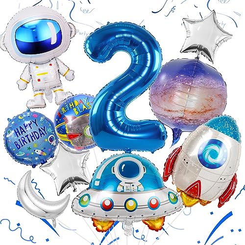Luftballon Weltraum für Junge 2. Geburtstag Dekoration Folie Runde Weltraum Luftballon Astronaut Rakete Folienballon mit Silber Sterne Mond und Zahl 2 Folienballon für Weltraum Kindergeburtstag Deko von TUTUXMA