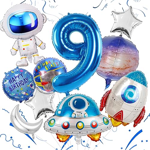 Luftballon Weltraum für Junge 9. Geburtstag Dekoration, 11 Stück Weltraum Astronaut Folienballon, Rakete Raumschiff Ballons mit Sterne Mond Runde Weltraum Ballons für Weltraum Kindergeburtstag Deko von TUTUXMA