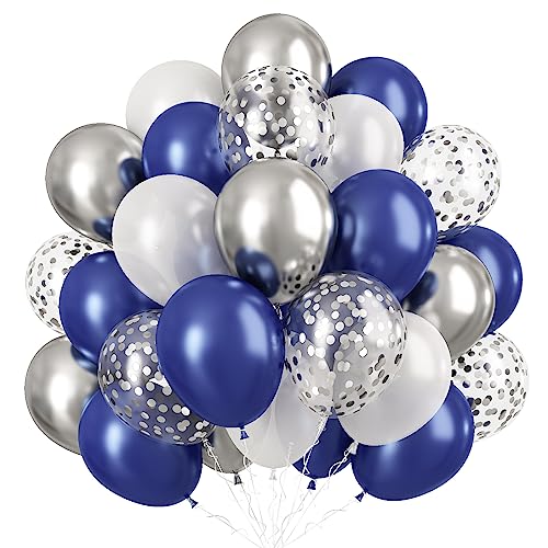 Luftballons Blau Silber Weiß, 60 Stück Metallic Silber Navy Blau Helium Ballons mit Silber Konfetti Luftballons, 12 Zoll Preal Marine Blau und Weiss Partyballons für Junge Geburtstag Dekoration von TUTUXMA
