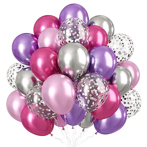 Luftballons Lila Silber, 50 Stück Metallic Silber Lila Rosa Helium Latexballon mit Silber Konfetti Ballons, 12 Zoll Chrom Violett Silber und Rosa Partyballons für Mädchen Geburtstag Dekoration von TUTUXMA