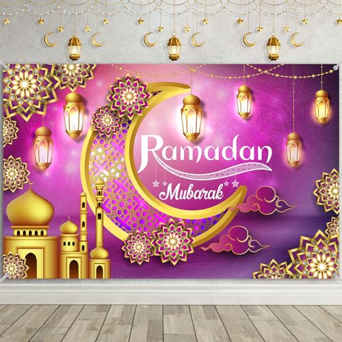 Ramadan Deko Banner, Ramadan Mubarak Banner Dekoration, Lila Gold Extra Groß Ramadan Mubarak Party Banner Hintergrund Eid Mubarak Banner für Muslim Islamic Al Fitr Party Ramazan Deko, 185×110cm von TUTUXMA