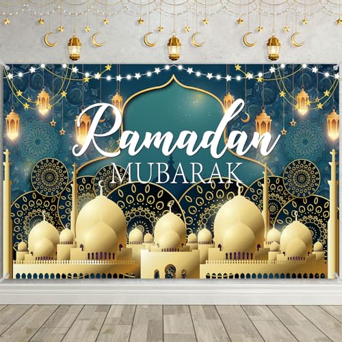 Ramadan Mubarak Dekoration Banner, Ramadan Mubarak Party Banner Dekorationen, Blaugrün Gold Extra Große Eid Ramadan Mubarak Hintergrund Banner für Muslim Islamic Al Fitr Party Ramazan Deko, 185×110cm von TUTUXMA