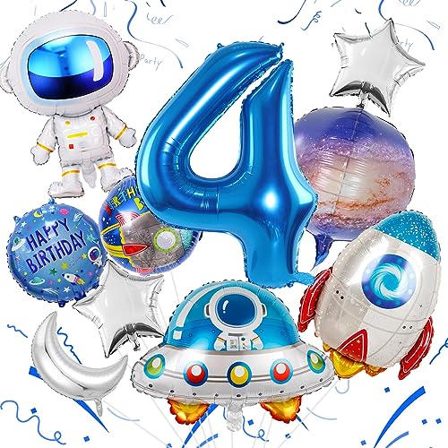 Weltraum Luftballon 4. Kinder Geburtstag Deko Zahl 4 Folienballon Astronaut Raketen Raumschiff Luftballons Silber Stern Mond Ballon Runde Weltraum Luftballons für Junge Weltraum Kindergeburtstag Deko von TUTUXMA
