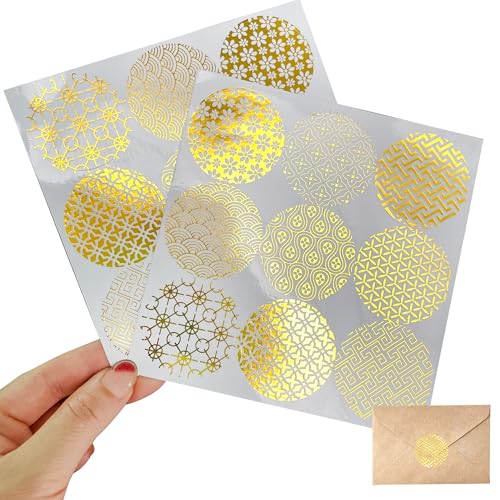 10 Stück Goldener Runder Geometrie Kuchenstempelaufkleber, Runde Aufkleber für Verpackungen, Geschenkaufkleber für Hochzeit Scrapbook Zubehör Sticker Aesthetic, Geeignet für Umschläge und Deko von TUYOBG