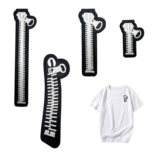 4pcs schwarz-weiß Reißverschluss Thema Schmelzkleb Stickerei Aufkleber, Bügelflicken zum schnellen Aufbügeln – Robust & langlebig für Textilien – Geeignete Reißverschluss Patch Aufbügeln für DIY von TUYOBG