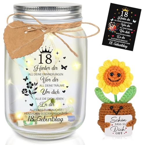 TUZELIYA 18 Geburtstag Geldgeschenke mit Positive Sonnenblume Geburtstagskarte - 18 Geburtstagsgeschenk für Mädchen Jungen - LED Flaschenlicht Geschenkideen - 18 Geburtstagsgeschenk Deko von TUZELIYA