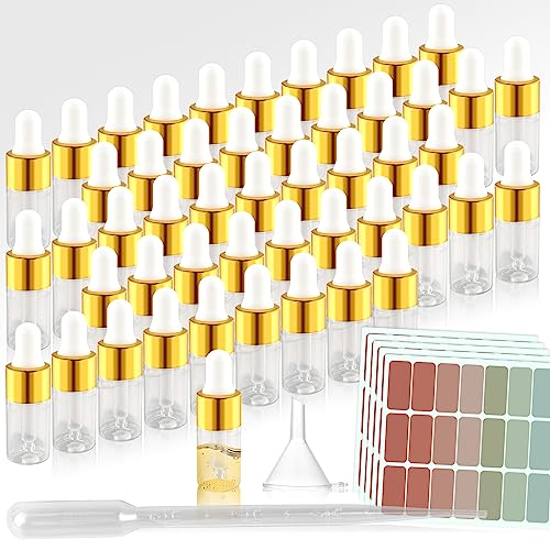 TUZHE 50 Stück Mini Pipettenflasche 3ml Transparente Glasflasche mit Tropfpipette Klarglas Tropfflasche für Ätherisches Öl,Aromatherapie, Massage, Duftöl Probe (Gold 3ml) von TUZHE