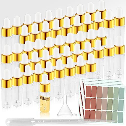 TUZHE 50 Stück Mini Pipettenflasche 5ml Transparente Glasflasche mit Tropfpipette Klarglas Tropfflasche für Ätherisches Öl,Aromatherapie, Massage, Duftöl Probe (Gold 5ml) von TUZHE