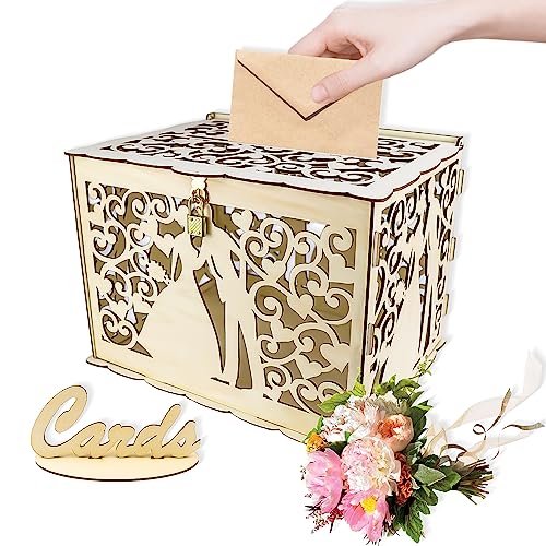 TUZHE Hochzeit Kartenbox Holz Hochzeit Geschenkkarten Box mit Schloss Schlitz Vintage Holz Kartenbox DIY Umschlag Geschenkkartenboxen für Hochzeit Geburtstag Babyparty von TUZHE