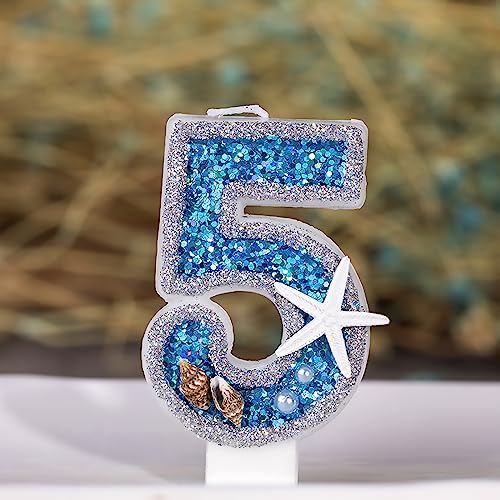 7,6 cm große Geburtstagskerzen Nummer 5 für Kuchen, mit Muschel, Perle, Seestern, Pailletten, Zahlenkerzen für Geburtstagsparty, Hochzeit, Jahrestag, Dekorationen (blau, 5) von TVIAOH