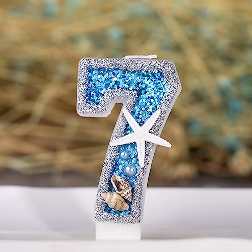 7,6 cm große Geburtstagskerzen Nummer 7 für Kuchen, mit Muschel, Perle, Seestern, Pailletten, Zahlenkerzen für Geburtstagsparty, Hochzeit, Jahrestag, Dekorationen (blau, 7) von TVIAOH