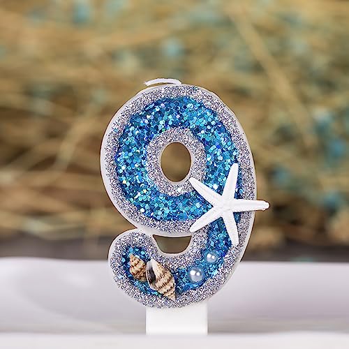 7,6 cm große Geburtstagskerzen Nummer 9 für Kuchen, mit Muschel, Perle, Seestern, Pailletten, Zahlenkerzen für Geburtstagsparty, Hochzeit, Jahrestag, Dekorationen (blau, 9) von TVIAOH