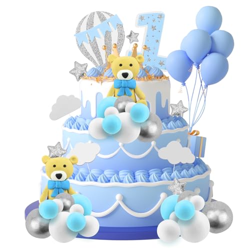 Blaue Süße Bären Tortendeko,Teddybär DIY Cake Decoration, Luxus Blaues Thema Happy Birthday Cake Topper, Mini Ballonnen Cake Topper für Junge Geschlecht Enthüllt Party, Babyparty Taufe Kuchen Deko von TW1TGOFT