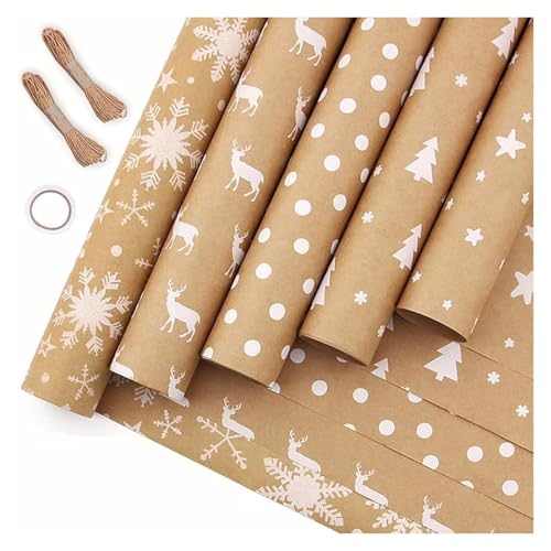 TWALOTPEX Geburtstagswrapping - Papier Kraft-Geschenkpapier mit Weihnachtsbaum und Schneeflocke und Schnurband, 43 x 100 cm pro Rolle for die Weihnachtsfeier(F) von TWALOTPEX