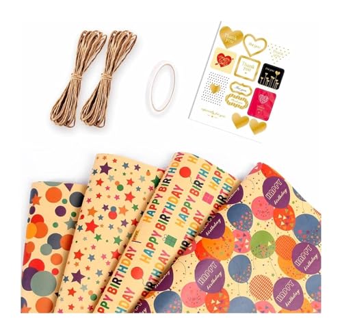 TWALOTPEX Geburtstagswrapping - Papier Kraft-Weihnachtsballon-Stern-Geschenkpapier mit Schnuraufklebern, 50 x 70 cm pro Rolle for die Weihnachtsfeier(E) von TWALOTPEX