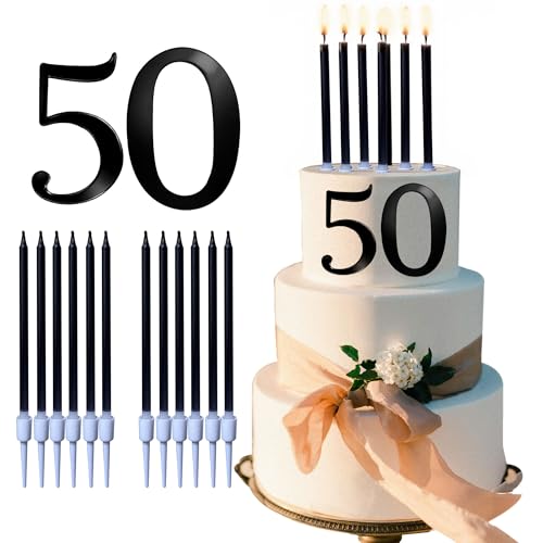 Tortenaufsatz zum 50. Geburtstag, mit 12 langen, dünnen Metallic-Kerzen, für 50 Jahre alte Geburtstagsparty, Schwarz Tortenaufsatz zum 50. Geburtstag, mit 12 langen, dünnen Metallic-Kerzen, für 50 Jahre alte Geburtstagsparty, Schwarz von TWIHWEI