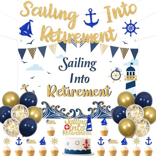 Nautisches Thema Ruhestand Party Dekorationen Happy Retirement Cake Toppers Hintergrund Banner für Mann Matrosen Anker Segelboot Segeln Leuchtturm Boot Ruhestand Party Supplies von TWO WILD