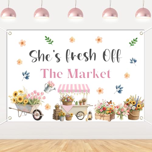 Wildblumen-Bauernmarkt, Brautparty, Dekoration, 1,5 x 1 m, "She's Fresh Off The Market", Banner, Bauernmarkt, Blumen, Junggesellinnenabschied, Dekoration, Blumenmuster, lokal gewachsene Braut von TWO WILD