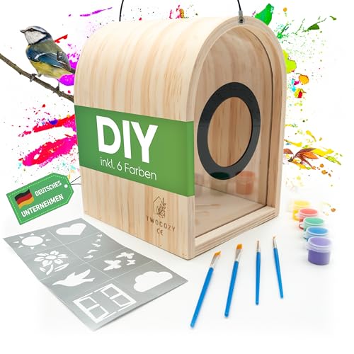 TWOCOZY Vogelhaus zum Bemalen | DIY Vogelhaus [NEUHEIT] Vogelhaus Bastelset für Kinder mit Schablonen, wasserfesten Acrylfarben & Pinsel | Vogelfutterhaus wetterfest inkl. Vogelheft & Quiz von TWOCOZY