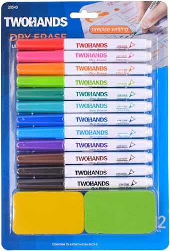 TWOHANDS Whiteboard Marker Set mit 2 Radierern,12 Whiteboard Stifte Dünne Spitze,11 Farben, Rundspitze 0.7mm,Abwischbar - für Flipchart,Magnettafel,Memoboard,20543 von TWOHANDS