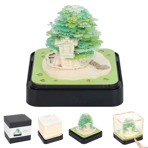 2026 3D Kalender mit LED-Lichtern,3D Notizblock Papier Pad Papier Kreative,Kunst Baustein,Papierkunst,Baumhaus mit Anzeigebox Abreißaufkleber,Tischdeco,284pcs,9.8x9.8x 8.5cm (Grün Baumhaus) von TWSOUL