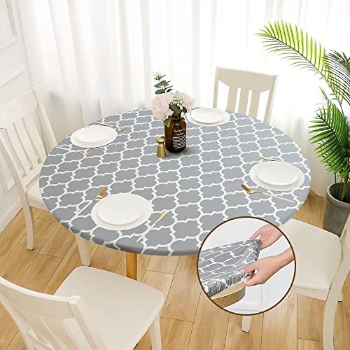 TWUTGAYW Runde Tischdecke, Elastischer Rand wasserdichte Tischdecke mit Flanell-Rückseite, PVC-Tischdecke für drinnen und draußen, Heimpartys, Urlaub, Abendessen, Restaurant (45"-55", Grau) von TWUTGAYW