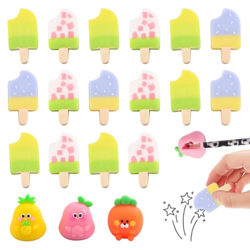 16 Stück Eiscreme Radiergummi Set Neuartiger Radiergummi für Kinder mit 3 Stück Cartoon-Bleistiftspitzer, Süße Radiergummis Bürobedarf Schreibwaren Kindergeburtstag Gastgeschenke für Kinder von TXErfolg