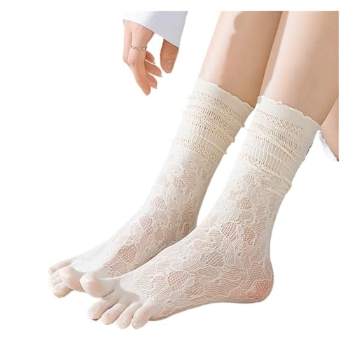 TXLEAPEY 3 Paar Zehensocken aus Spitze for Damen, Sommer, aushöhlen, Netzstoff, Fünf-Finger-Socken, hohe Baumwollsocken(3 Pairs beige) von TXLEAPEY