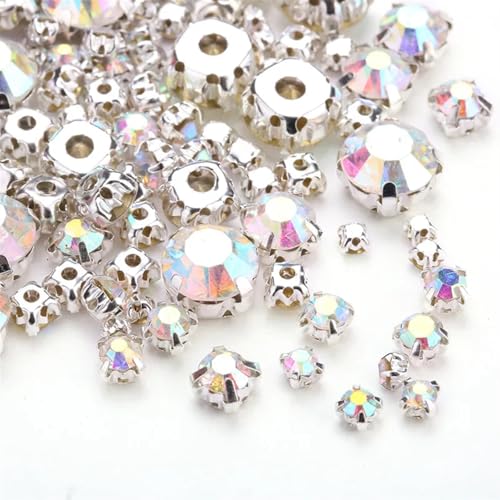TXLEAPEY Strasssteine ​​zum Aufnähen in Mehreren Größen mit silbernen/goldenen Krallen und Flacher Rückseite for Nähen von Hochzeitskleidern(Silver Crystal AB,Mix Size 100pcs) von TXLEAPEY