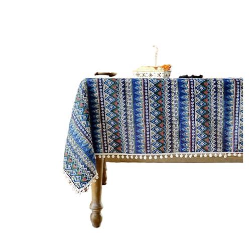 Tischdecke aus Baumwollleinen, Boho-Party, rutschfest, verschleißfest, Leinen-Tischdecke(Blue,140 * 180cm) von TXLEAPEY