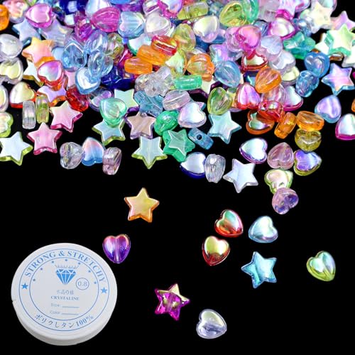 600 Stück Sternform Farben Perlen und Herzperlen mit 1 Rolle 0,8mm Band für Armbänder Acryl Stern Perlen Bunte Stern und Herz Perlen Transparent Bunte Perlen zum Auffädeln Armbänder Selber Machen von TXS