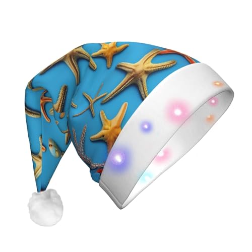 TYANG Blauer Hintergrund mit vielen Seestern-Drucken, Weihnachtsmannmütze, Weihnachtsmannmütze, Band, LED-Lichter, leuchtende Weihnachtsmannmütze TYANG Blauer Hintergrund mit vielen Seestern-Drucken, Weihnachtsmannmütze, Weihnachtsmannmütze, Band, LED-Lichter, leuchtende Weihnachtsmannmütze von TYANG