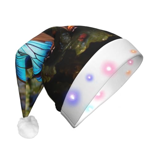TYANG Schöne blaue Weihnachtsmannmütze mit Schmetterlingsdruck, Weihnachtsmannmütze, Band, LED-Lichter, leuchtende Weihnachtsmannmütze von TYANG